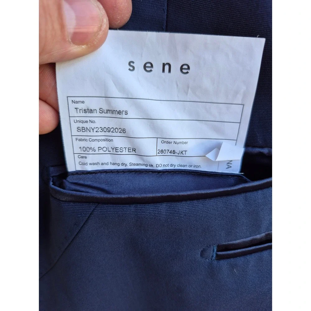 Sene Mens Navy Blue Custom Tailored Two Button Blazer Sport Coat‎ Jacket Sz 38 S
